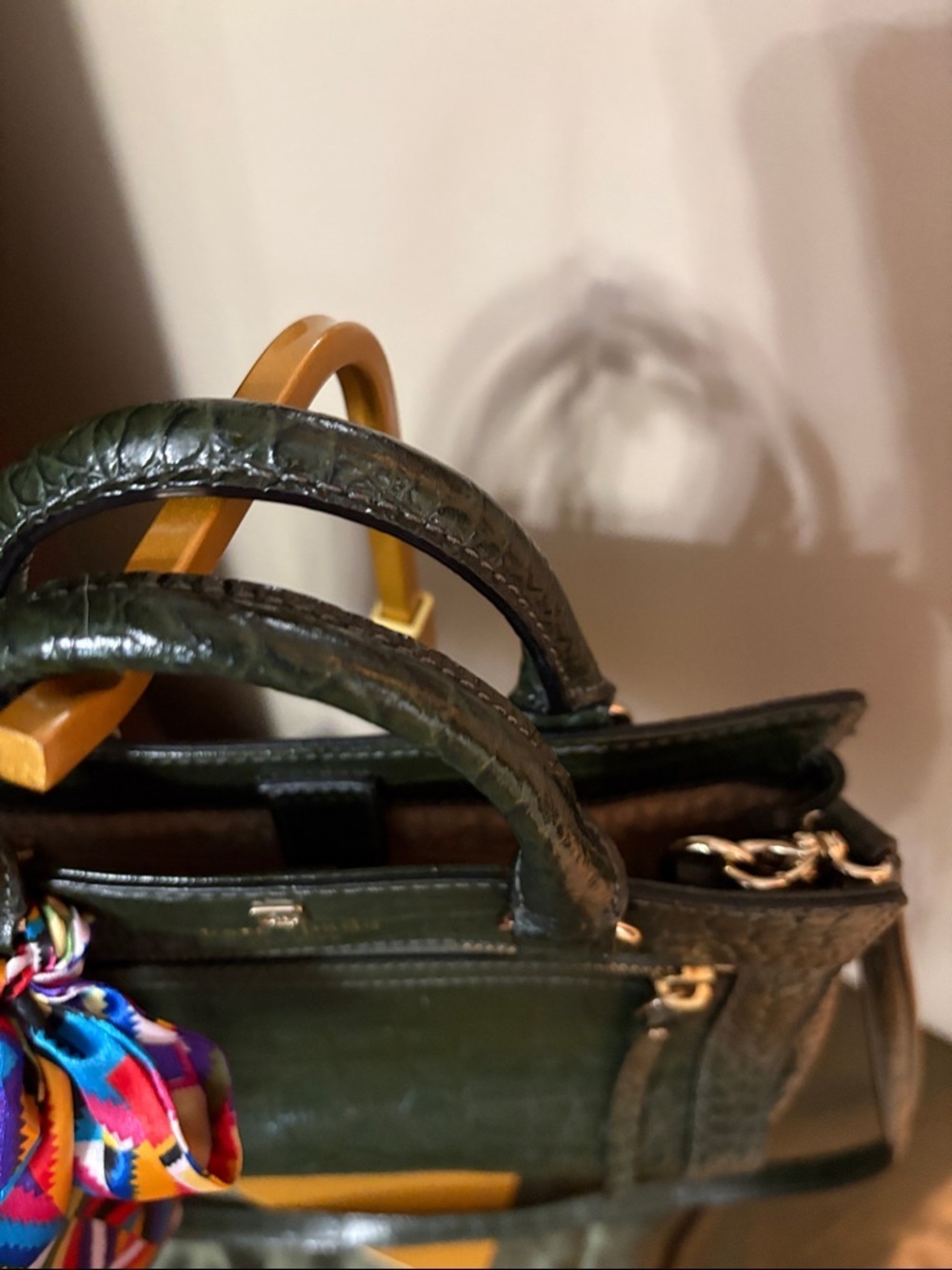 kate spade New York dark green croc-embossed leather satchel with colorful bow - Picture 3 of 10